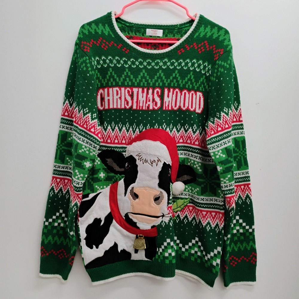 Holiday Time Christmas Mood Cow Santa Hat Bell Ugly Sweater Green Red M 38-40